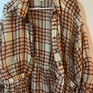 Free People Plaid Button-Front Shirt Dress in Beige and Brown